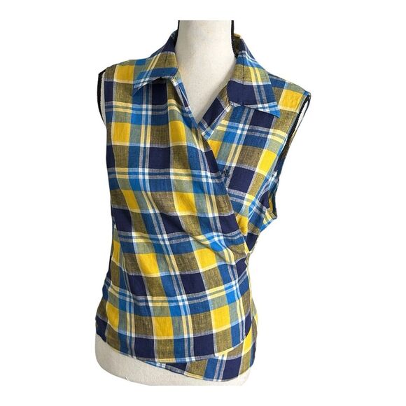 RALPH LAUREN Women Linen Sleeveless  Rwap Blouse Pocket Multicolor‎ Plaid XL - Picture 1 of 14